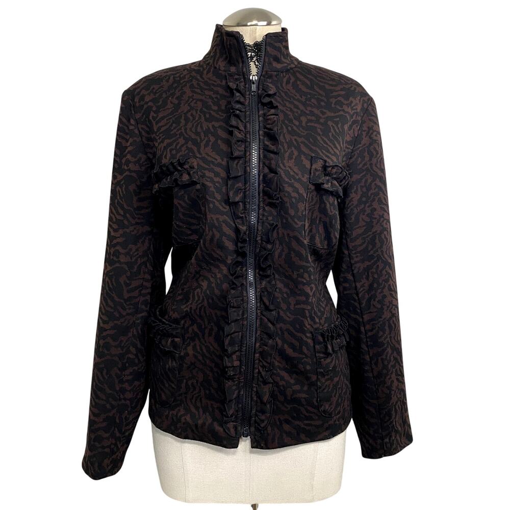 Vtg Y2K Zebra Print Brown Black Ruffle High Collar Grunge Gothic Zip Jacket Sz L